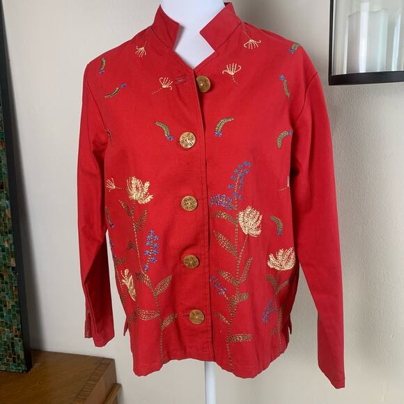 Coldwater Creek Size PM Petite Embroidered Floral Details Jacket Red Pockets - Picture 2 of 13